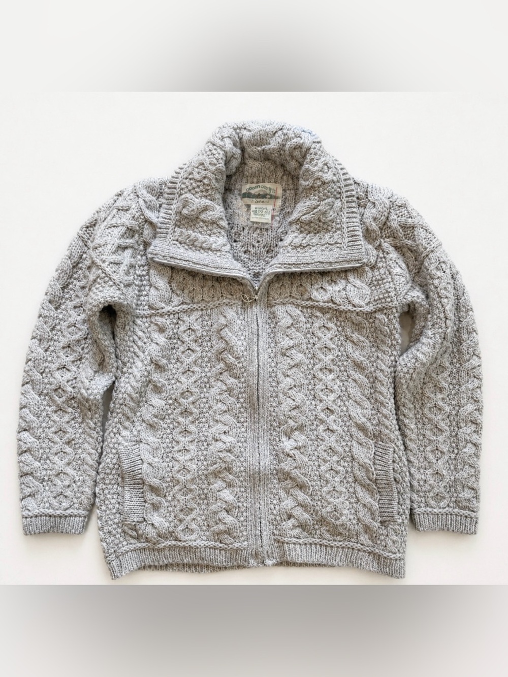 NEW ARAN CRAFTS GRAY MERINO WOOL ZIP FRONT CARDIGAN SWEATER COAT SZ L